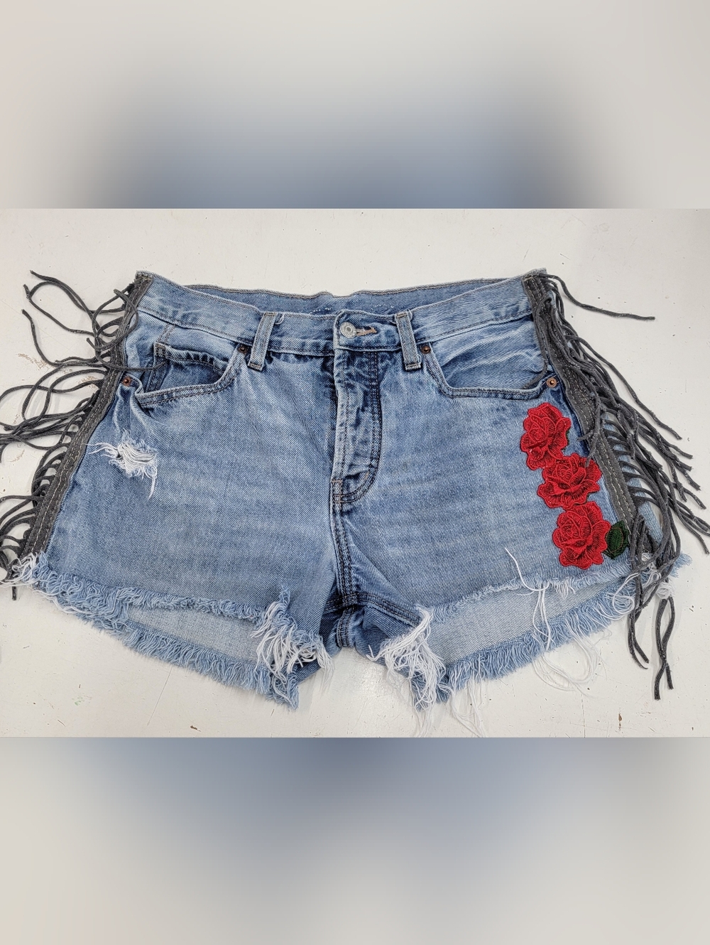 Upcycled Button Fly Jean Shorts With Fringe & Embroidery
